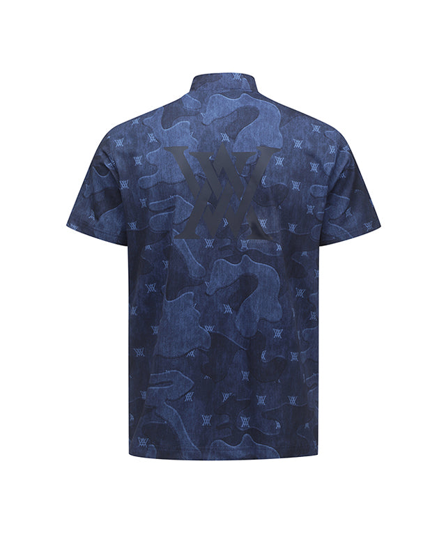 ANEW Golf Men Camo Cool High Neck Short T-Shirt in Navy featuring a camouflage pattern and high-neck design.